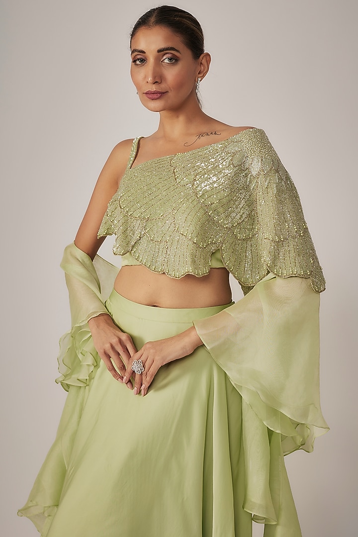 Mint Green Art Satin Organza Skirt Set by COUTURE BY NIHARIKA at Pernia's Pop Up Shop