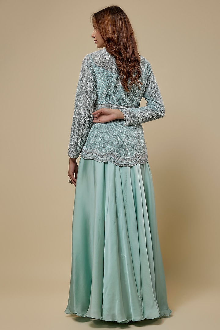 Powder Blue Organza Pearl Embroidered Jacket Set by COUTURE BY NIHARIKA at Pernia's Pop Up Shop