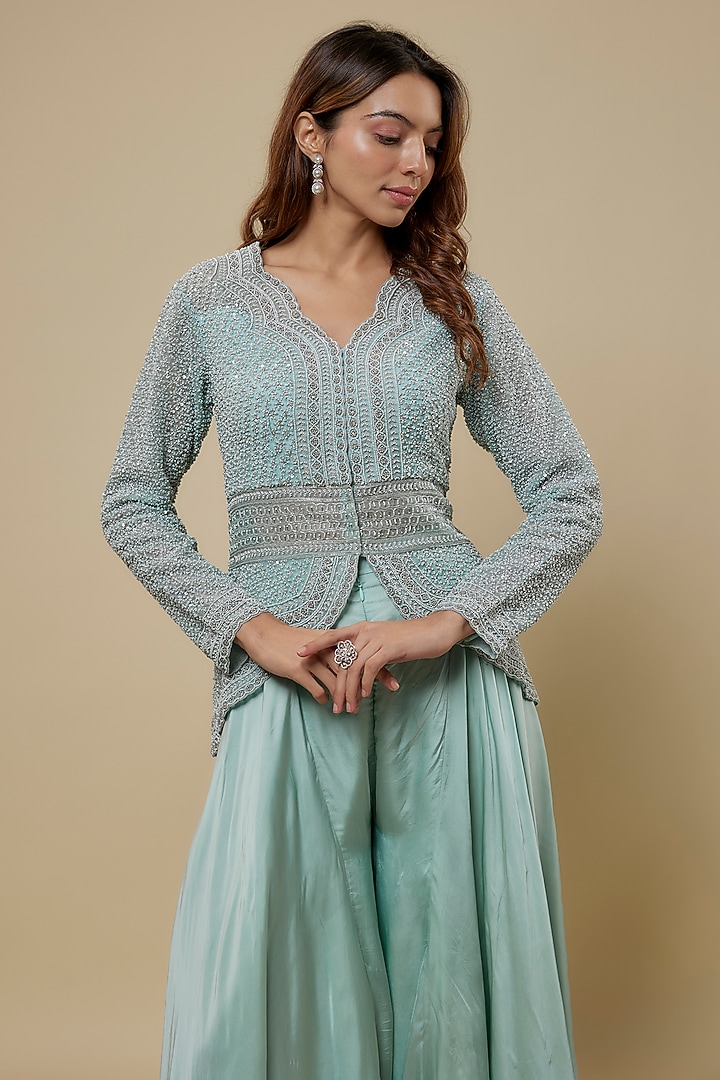 Powder Blue Organza Pearl Embroidered Jacket Set by COUTURE BY NIHARIKA at Pernia's Pop Up Shop