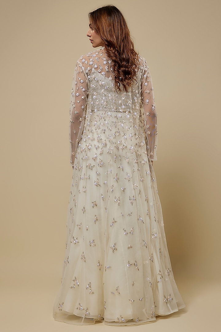 Ivory Organza & Net Embroidered Jacket Set by COUTURE BY NIHARIKA at Pernia's Pop Up Shop