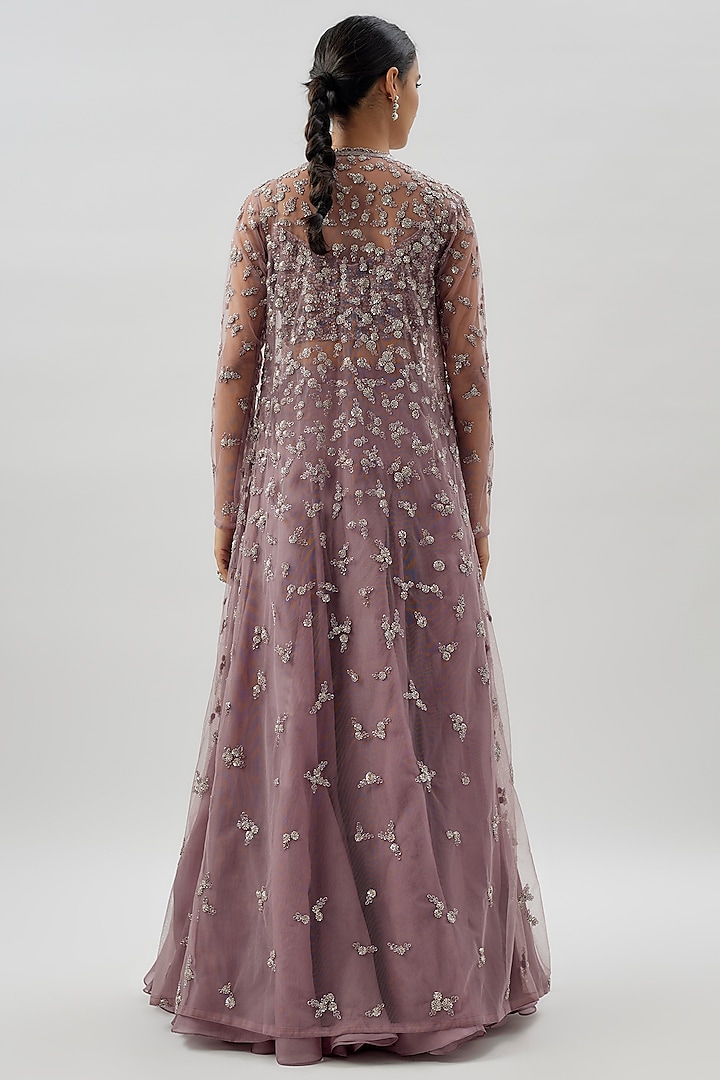 Dusty Purple Organza & Net Embroidered Jacket Set by COUTURE BY NIHARIKA at Pernia's Pop Up Shop