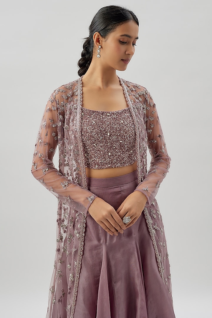 Dusty Purple Organza & Net Embroidered Jacket Set by COUTURE BY NIHARIKA at Pernia's Pop Up Shop