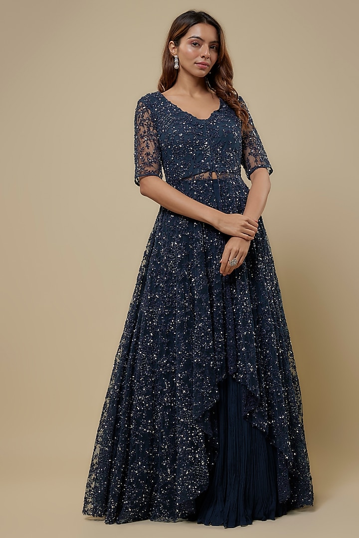 Navy Blue Chiffon Skirt Set by COUTURE BY NIHARIKA at Pernia's Pop Up Shop