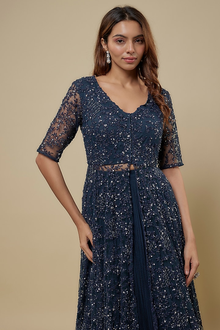 Navy Blue Chiffon Skirt Set by COUTURE BY NIHARIKA at Pernia's Pop Up Shop