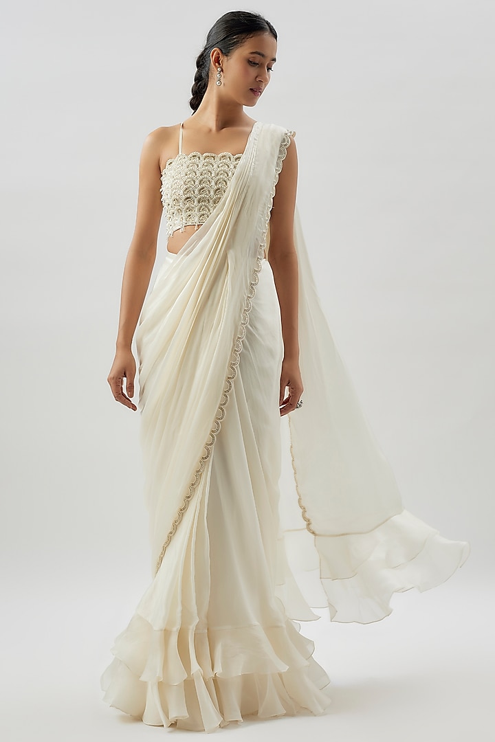 Ivory Satin Organza & Satin Georgette Embroidered Saree Set by COUTURE BY NIHARIKA at Pernia's Pop Up Shop