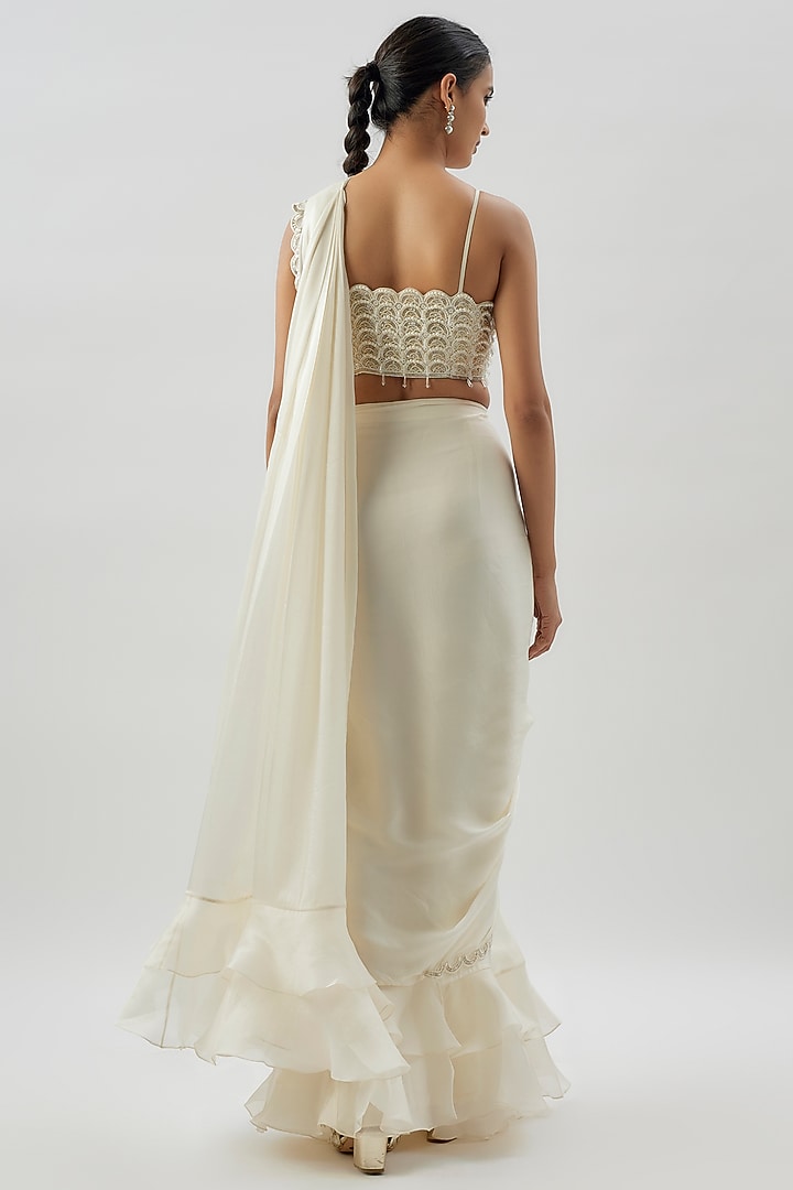 Ivory Satin Organza & Satin Georgette Embroidered Wedding Saree Set by COUTURE BY NIHARIKA at Pernia's Pop Up Shop