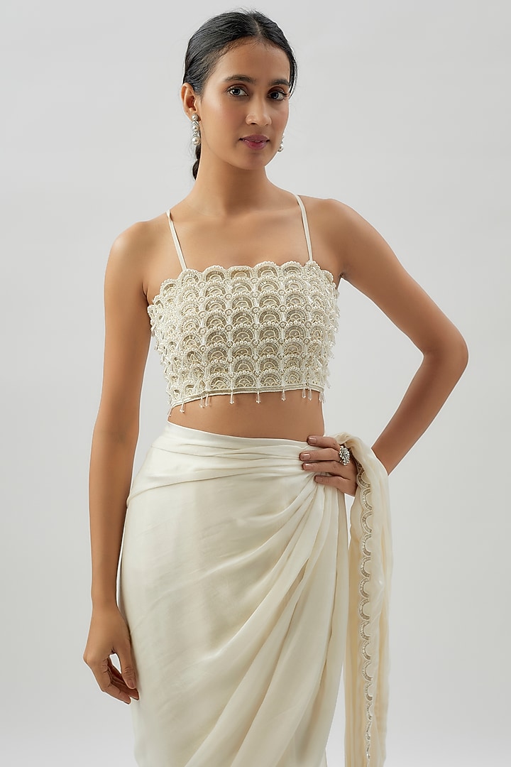 Ivory Satin Organza & Satin Georgette Embroidered Wedding Saree Set by COUTURE BY NIHARIKA at Pernia's Pop Up Shop