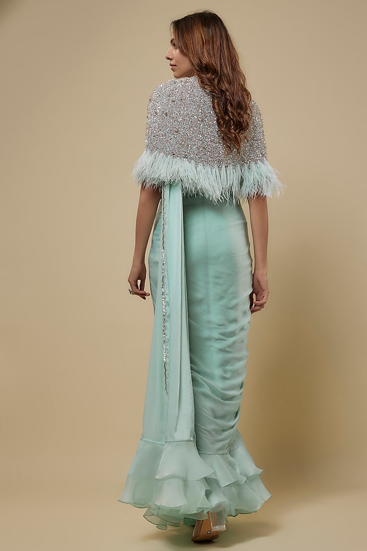 Powder Blue Satin Georgette & Viscose Jacket Reception Saree Set by COUTURE BY NIHARIKA at Pernia's Pop Up Shop