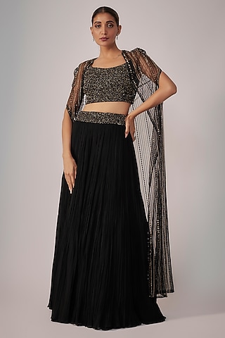 Black Net & Viscose Georgette Jacket Lehenga Set by COUTURE BY NIHARIKA