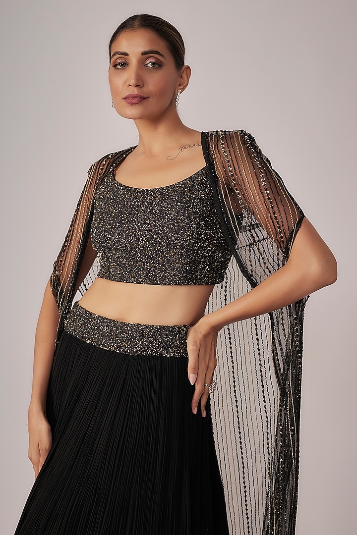 Black Net & Viscose Georgette Jacket Wedding Lehenga Set by COUTURE BY NIHARIKA at Pernia's Pop Up Shop