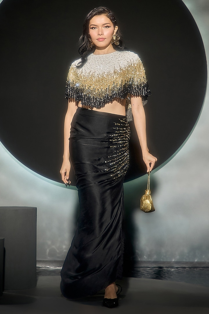 Black Pure Satin Hand Embroidered Cape Set by COUTURE BY NIHARIKA at Pernia's Pop Up Shop