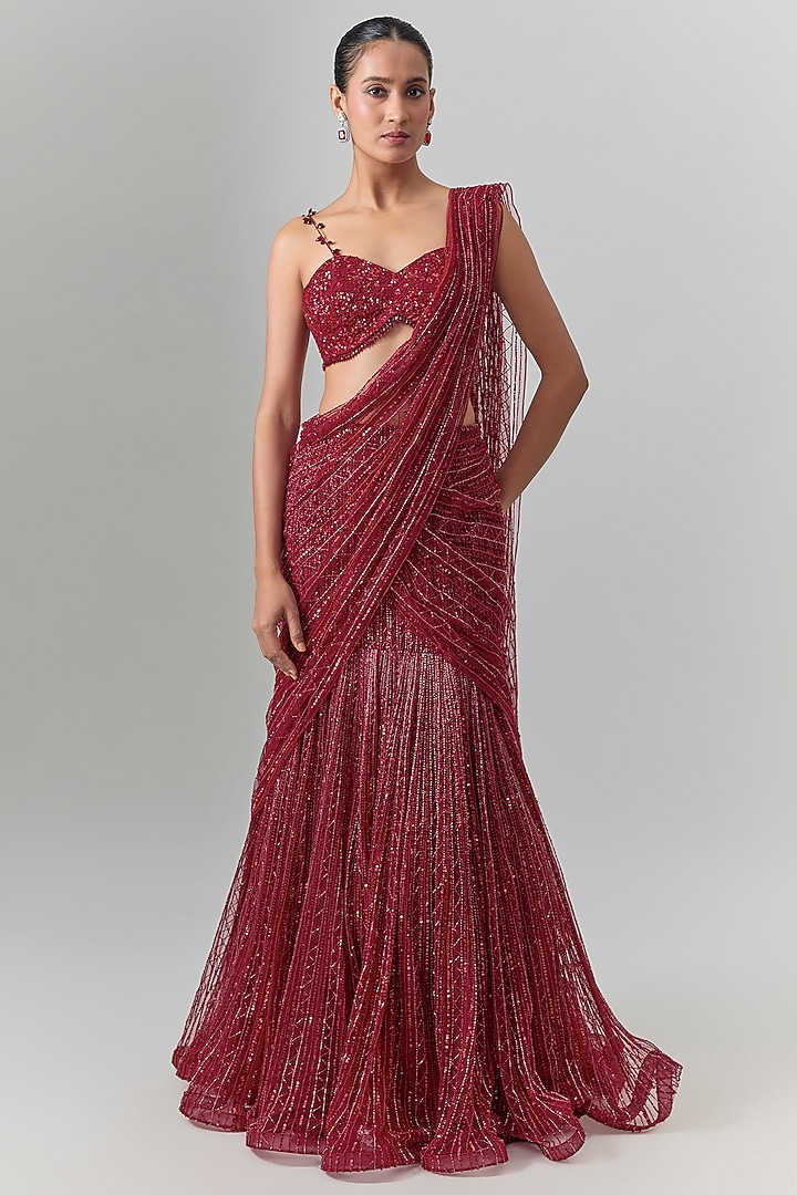 Red Net Embroidered Reception Lehenga Saree Set by COUTURE BY NIHARIKA at Pernia's Pop Up Shop