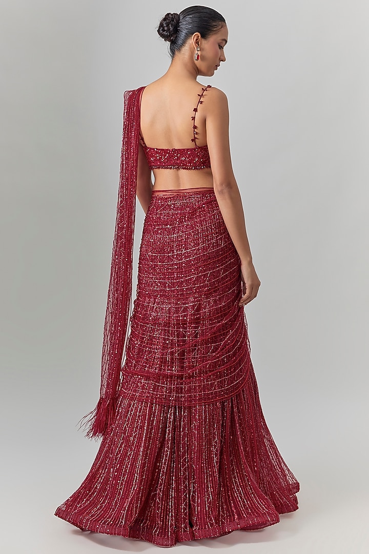Red Net Embroidered Reception Lehenga Saree Set by COUTURE BY NIHARIKA at Pernia's Pop Up Shop