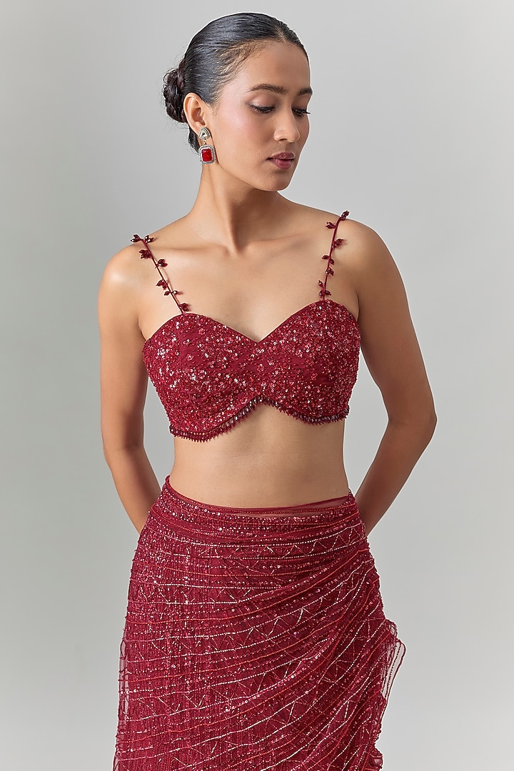 Red Net Embroidered Reception Lehenga Saree Set by COUTURE BY NIHARIKA at Pernia's Pop Up Shop