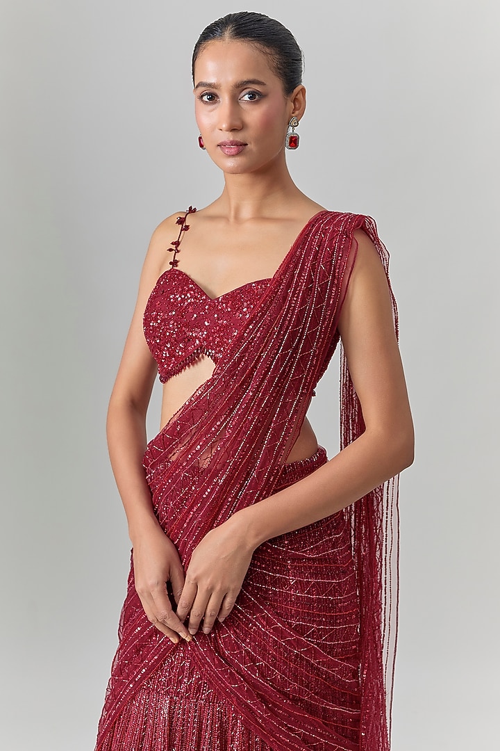 Red Net Embroidered Reception Lehenga Saree Set by COUTURE BY NIHARIKA at Pernia's Pop Up Shop
