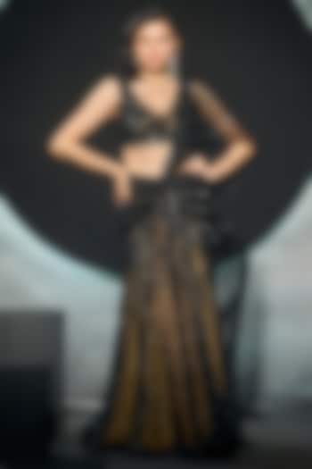 Black Net Embroidered Reception Lehenga Saree Set by COUTURE BY NIHARIKA at Pernia's Pop Up Shop