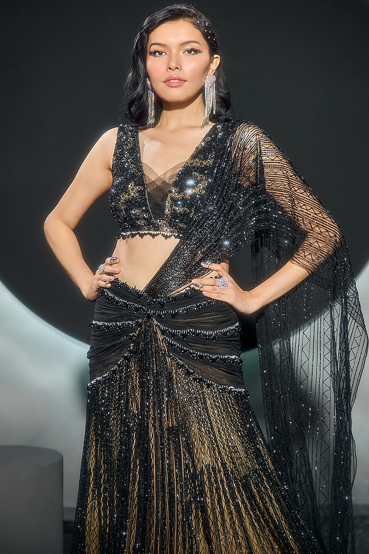 Black Net Embroidered Reception Lehenga Saree Set by COUTURE BY NIHARIKA at Pernia's Pop Up Shop