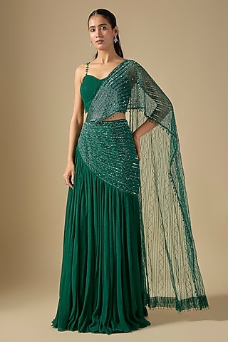 Green Net Organza & Viscose Georgette Gathered Skirt Set by COUTURE BY NIHARIKA