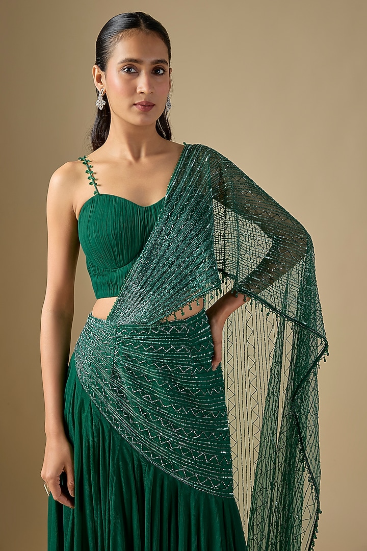 Green Net Organza & Viscose Georgette Gathered Skirt Set by COUTURE BY NIHARIKA at Pernia's Pop Up Shop