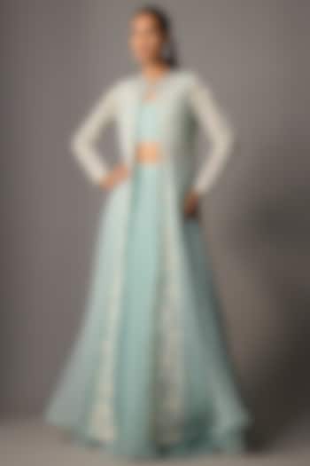Powder Blue Taiwan Net Floral Embroidered Kalidar Jacket Set by COUTURE BY NIHARIKA at Pernia's Pop Up Shop