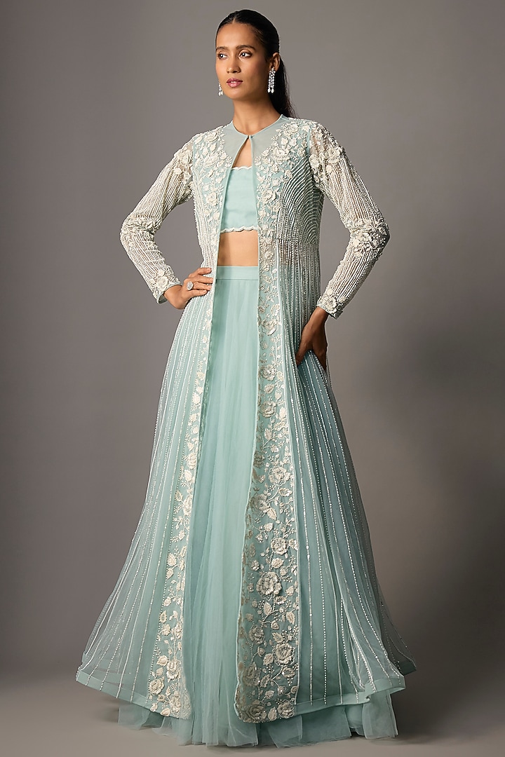 Powder Blue Taiwan Net Floral Embroidered Kalidar Jacket Set by COUTURE BY NIHARIKA at Pernia's Pop Up Shop