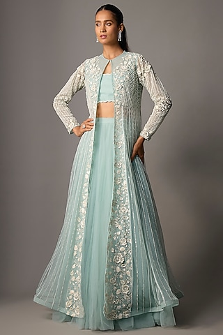Powder Blue Taiwan Net Floral Embroidered Kalidar Jacket Set by COUTURE BY NIHARIKA