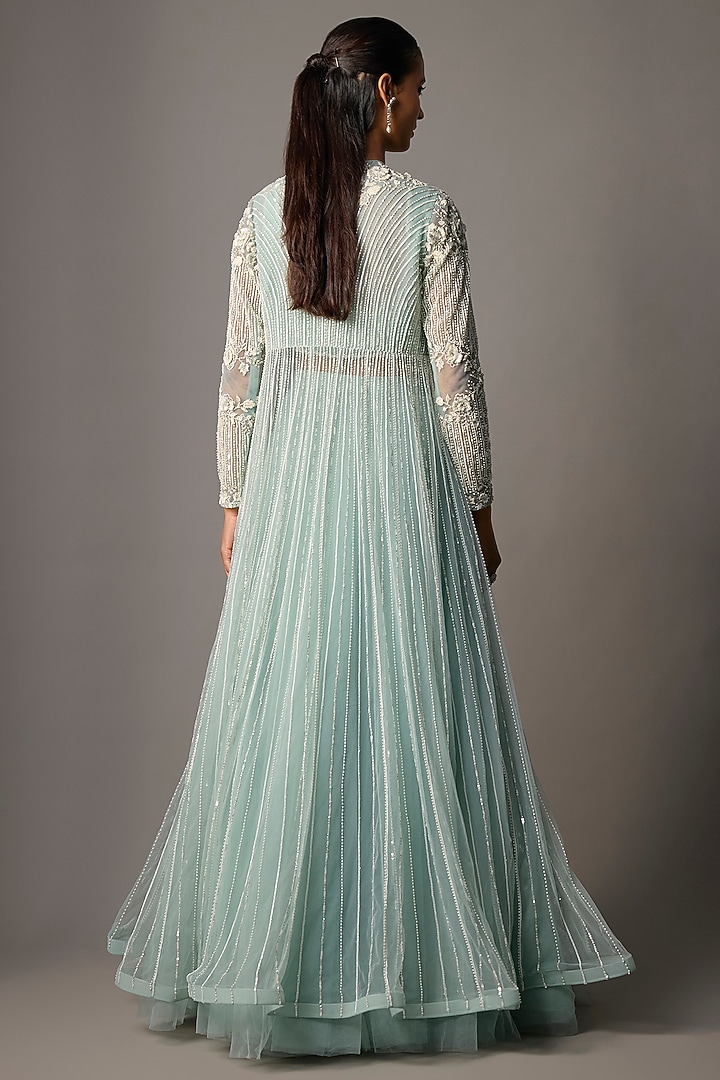 Powder Blue Taiwan Net Floral Embroidered Kalidar Jacket Set by COUTURE BY NIHARIKA at Pernia's Pop Up Shop