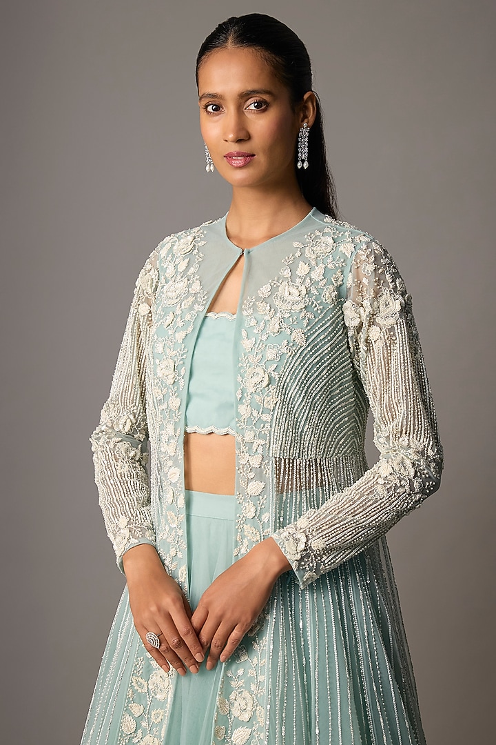 Powder Blue Taiwan Net Floral Embroidered Kalidar Jacket Set by COUTURE BY NIHARIKA at Pernia's Pop Up Shop