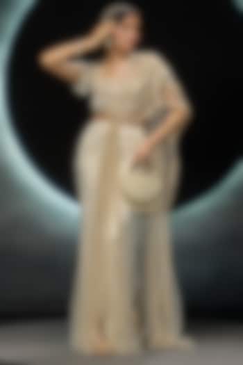 Golden Net Hand Embroidered Draped Reception Saree Set by COUTURE BY NIHARIKA at Pernia's Pop Up Shop