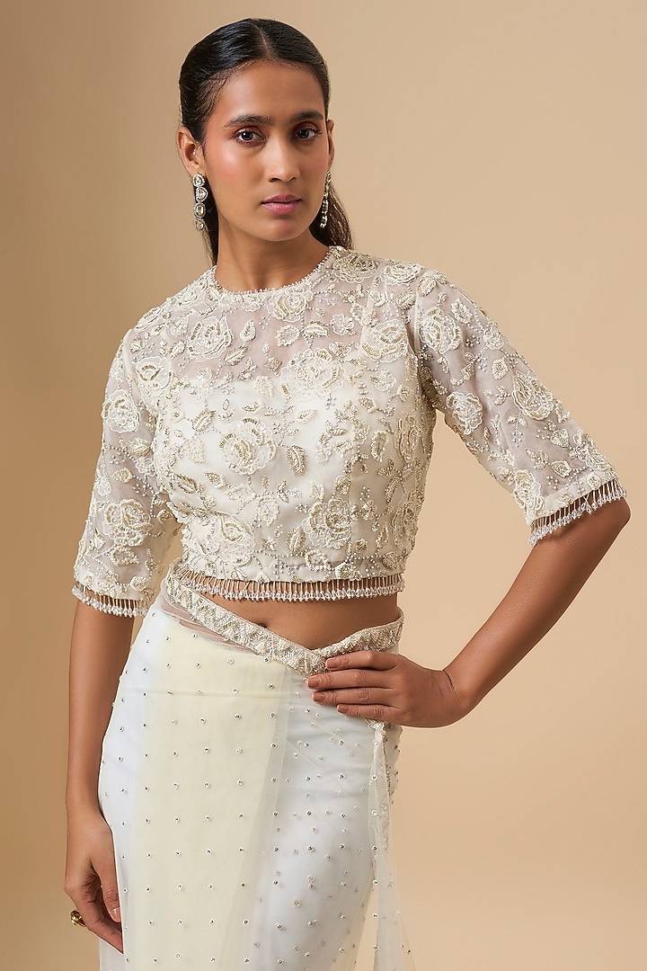 Ivory Net & Organza Floral Embroidered Reception Saree Set by COUTURE BY NIHARIKA at Pernia's Pop Up Shop