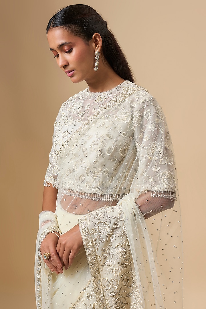 Ivory Net & Organza Floral Embroidered Reception Saree Set by COUTURE BY NIHARIKA at Pernia's Pop Up Shop