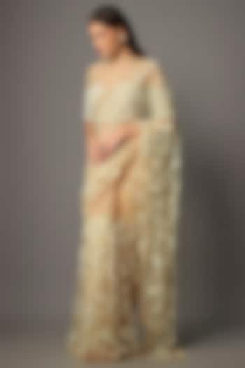 Beige Net Aari Embroidered Reception Saree Set by COUTURE BY NIHARIKA at Pernia's Pop Up Shop