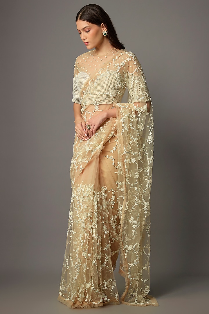 Beige Net Aari Embroidered Reception Saree Set by COUTURE BY NIHARIKA at Pernia's Pop Up Shop