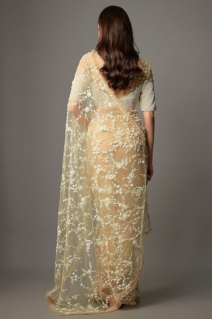 Beige Net Aari Embroidered Reception Saree Set by COUTURE BY NIHARIKA at Pernia's Pop Up Shop