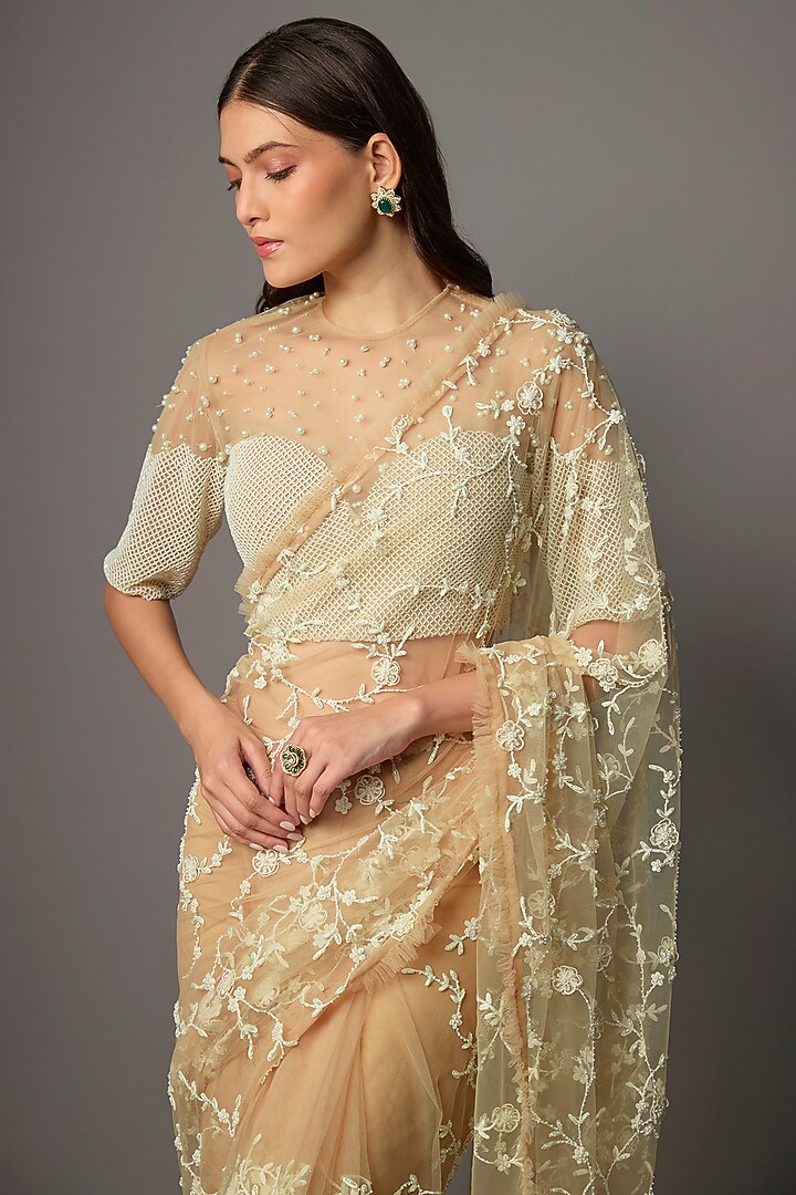 Beige Net Aari Embroidered Reception Saree Set by COUTURE BY NIHARIKA at Pernia's Pop Up Shop