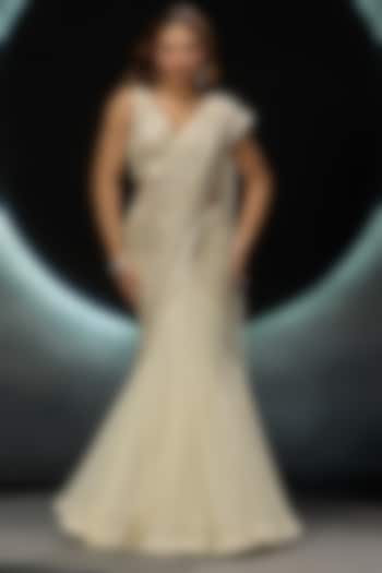 Ivory Net Hand & Machine Embroidered Reception Lehenga Saree Set by COUTURE BY NIHARIKA at Pernia's Pop Up Shop