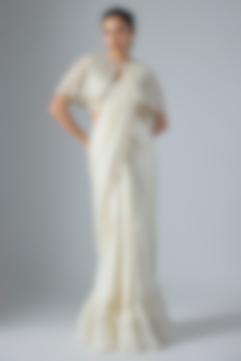 Ivory Satin Georgette Floral Embroidered Draped Wedding Saree Set by COUTURE BY NIHARIKA at Pernia's Pop Up Shop