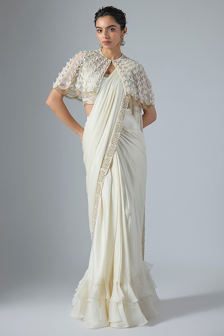 Ivory Satin Georgette Floral Embroidered Draped Wedding Saree Set by COUTURE BY NIHARIKA at Pernia's Pop Up Shop