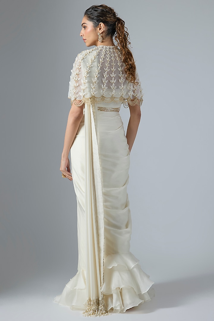 Ivory Satin Georgette Floral Embroidered Draped Wedding Saree Set by COUTURE BY NIHARIKA at Pernia's Pop Up Shop