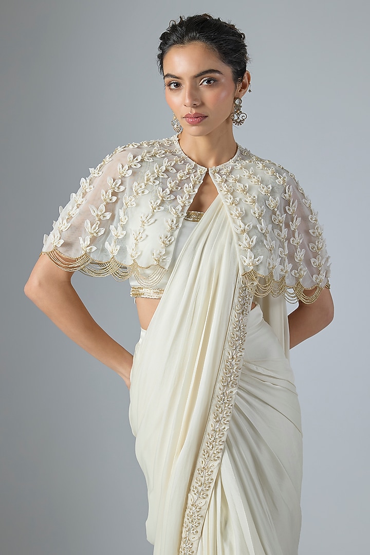 Ivory Satin Georgette Floral Embroidered Draped Wedding Saree Set by COUTURE BY NIHARIKA at Pernia's Pop Up Shop