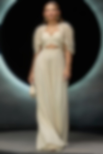 Ivory Viscose & Organza Jumpsuit With Jacket by COUTURE BY NIHARIKA at Pernia's Pop Up Shop