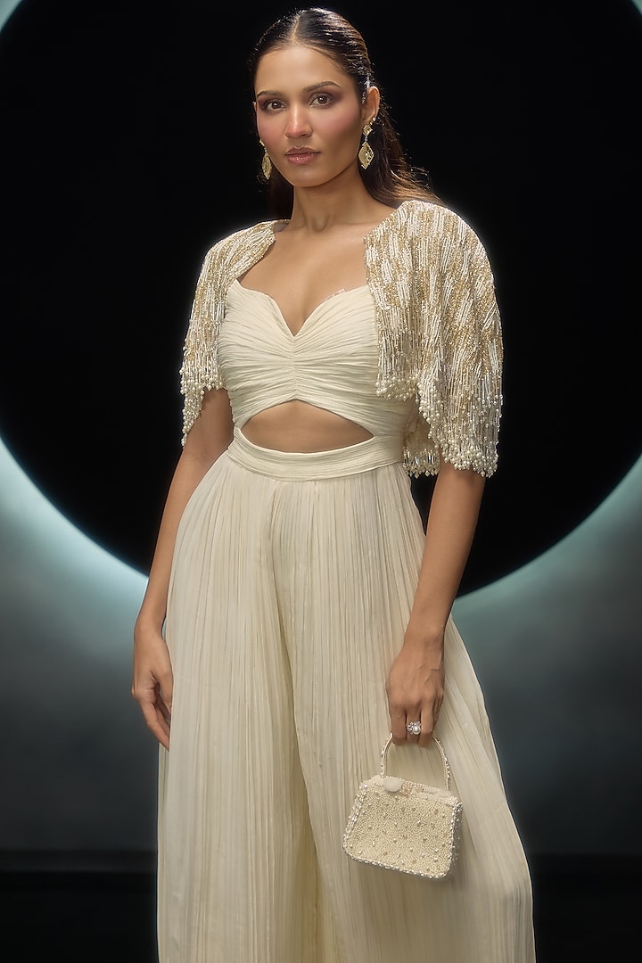 Ivory Viscose & Organza Jumpsuit With Jacket by COUTURE BY NIHARIKA at Pernia's Pop Up Shop