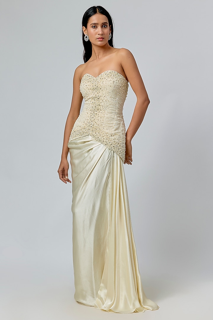 Ivory Pure Satin Draped Skirt Set by COUTURE BY NIHARIKA at Pernia's Pop Up Shop