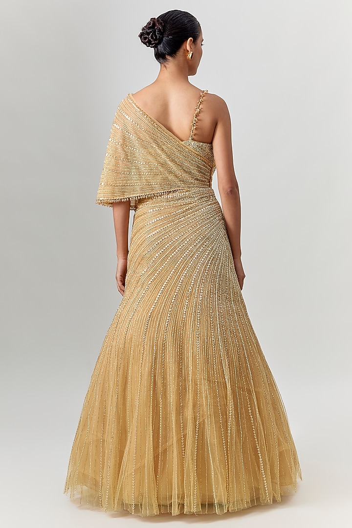 Gold Net & Viscose Sequin Embroidered Wedding Lehenga Set by COUTURE BY NIHARIKA at Pernia's Pop Up Shop