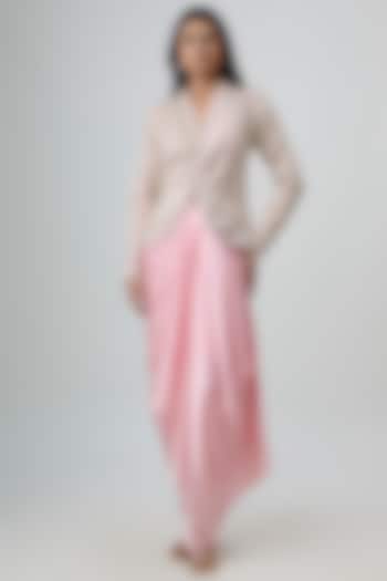 Powder Pink Pure Satin Draped Skirt Set by COUTURE BY NIHARIKA at Pernia's Pop Up Shop
