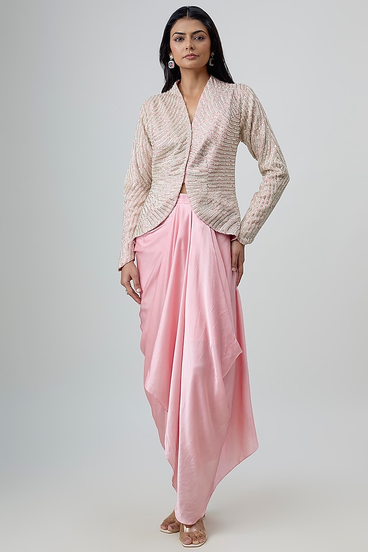 Powder Pink Pure Satin Draped Skirt Set by COUTURE BY NIHARIKA at Pernia's Pop Up Shop