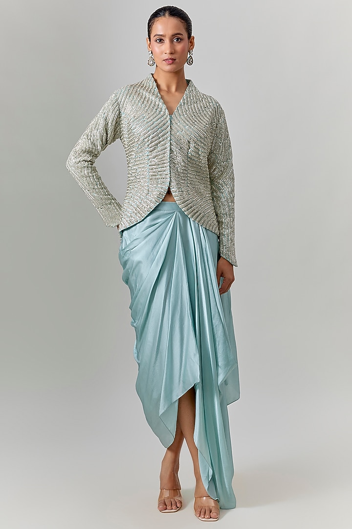 Powder Blue Pure Satin Draped Skirt Set by COUTURE BY NIHARIKA at Pernia's Pop Up Shop