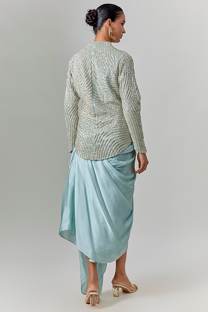 Powder Blue Pure Satin Draped Skirt Set by COUTURE BY NIHARIKA at Pernia's Pop Up Shop