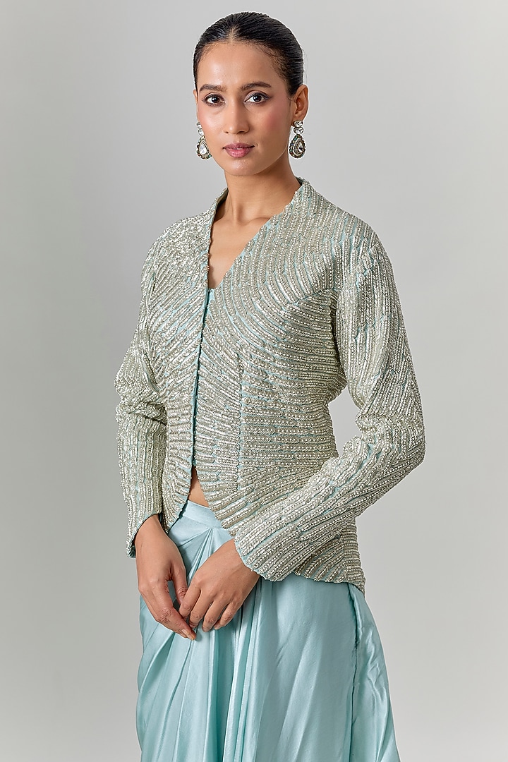Powder Blue Pure Satin Draped Skirt Set by COUTURE BY NIHARIKA at Pernia's Pop Up Shop