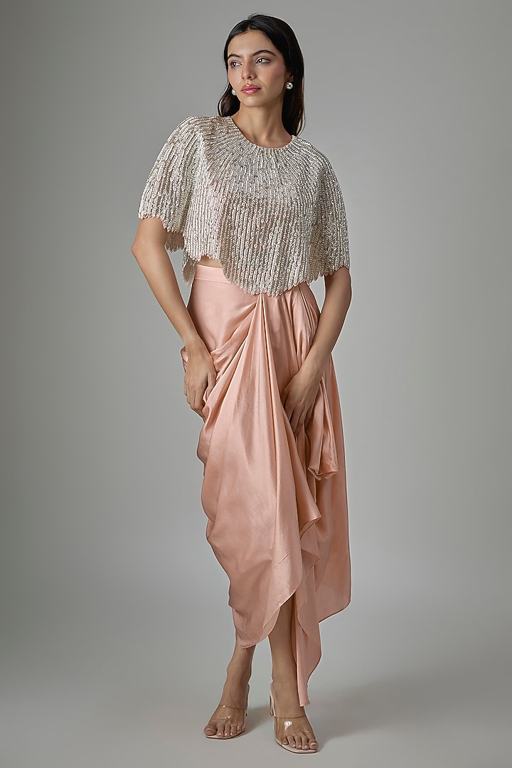 Peach Satin Draped Skirt Set by COUTURE BY NIHARIKA at Pernia's Pop Up Shop